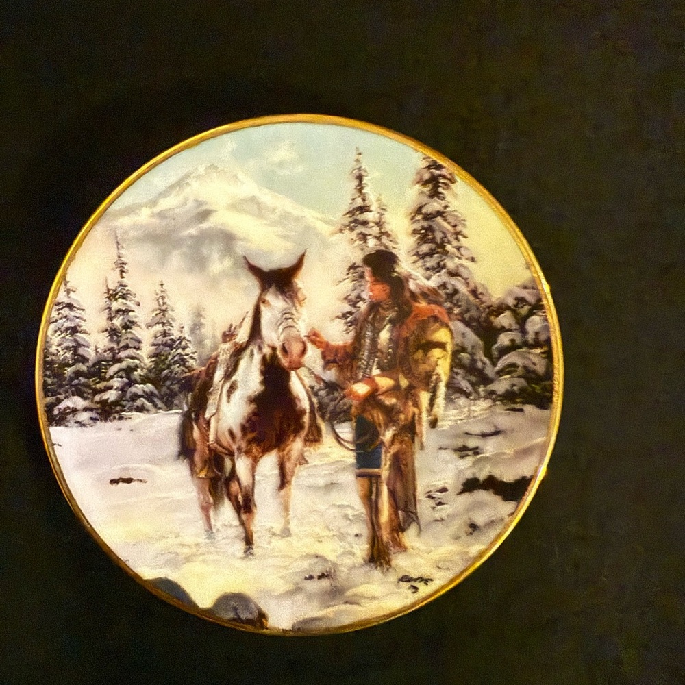 Winter Scene Decorative Plate with Gold Trim